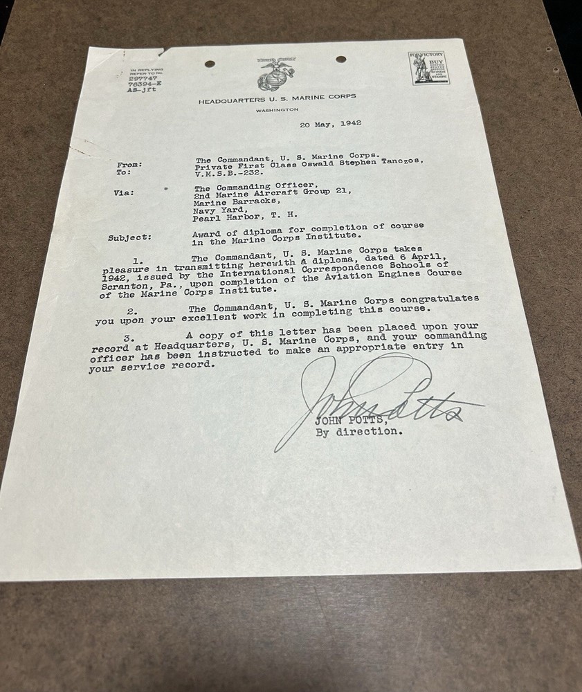 USMC WWII ERA MILITARY DOCUMENT, 20 MAY 1942