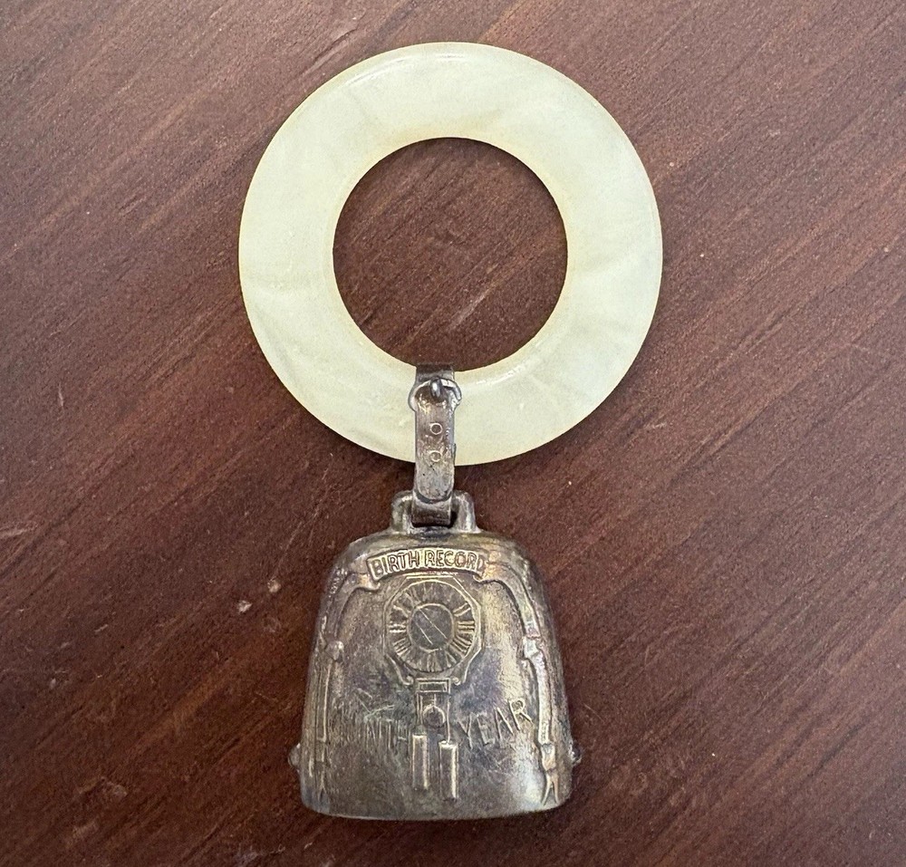 Vintage Sterling Silver Birth Record Baby Teething Ring Rattle Keepsake