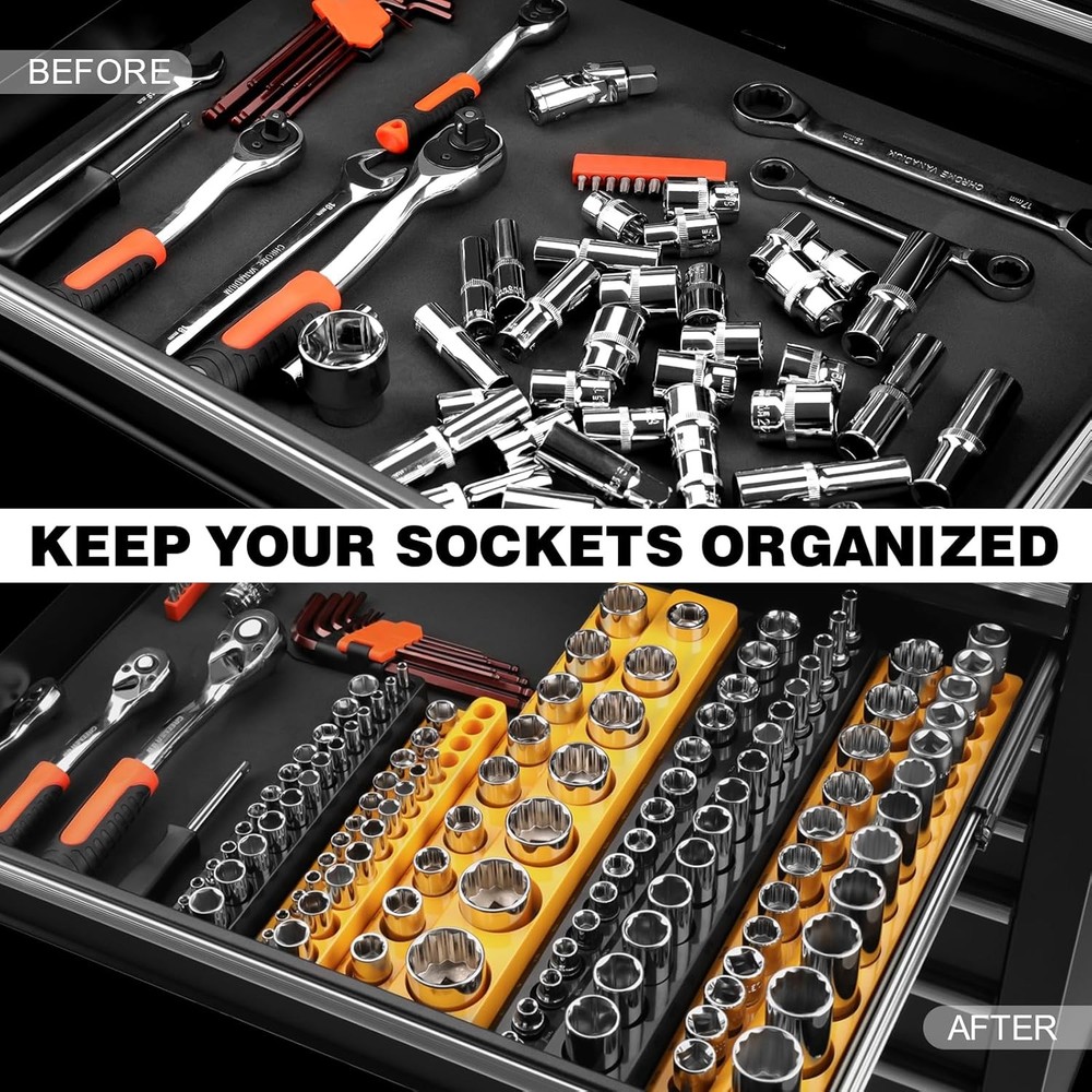 Socket Organizer for Tool Box Drawer, 6pc 143 Metric & SAE Magnetic Socket Holde