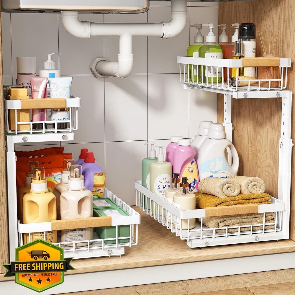 PXRACK 2 Pack White Under Sink Organizer Pull Out Metal Large