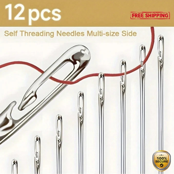 1pc 12‑Pack Self‑Threading Sewing Needles – Easy Thread, Assorted Sizes - NEW**
