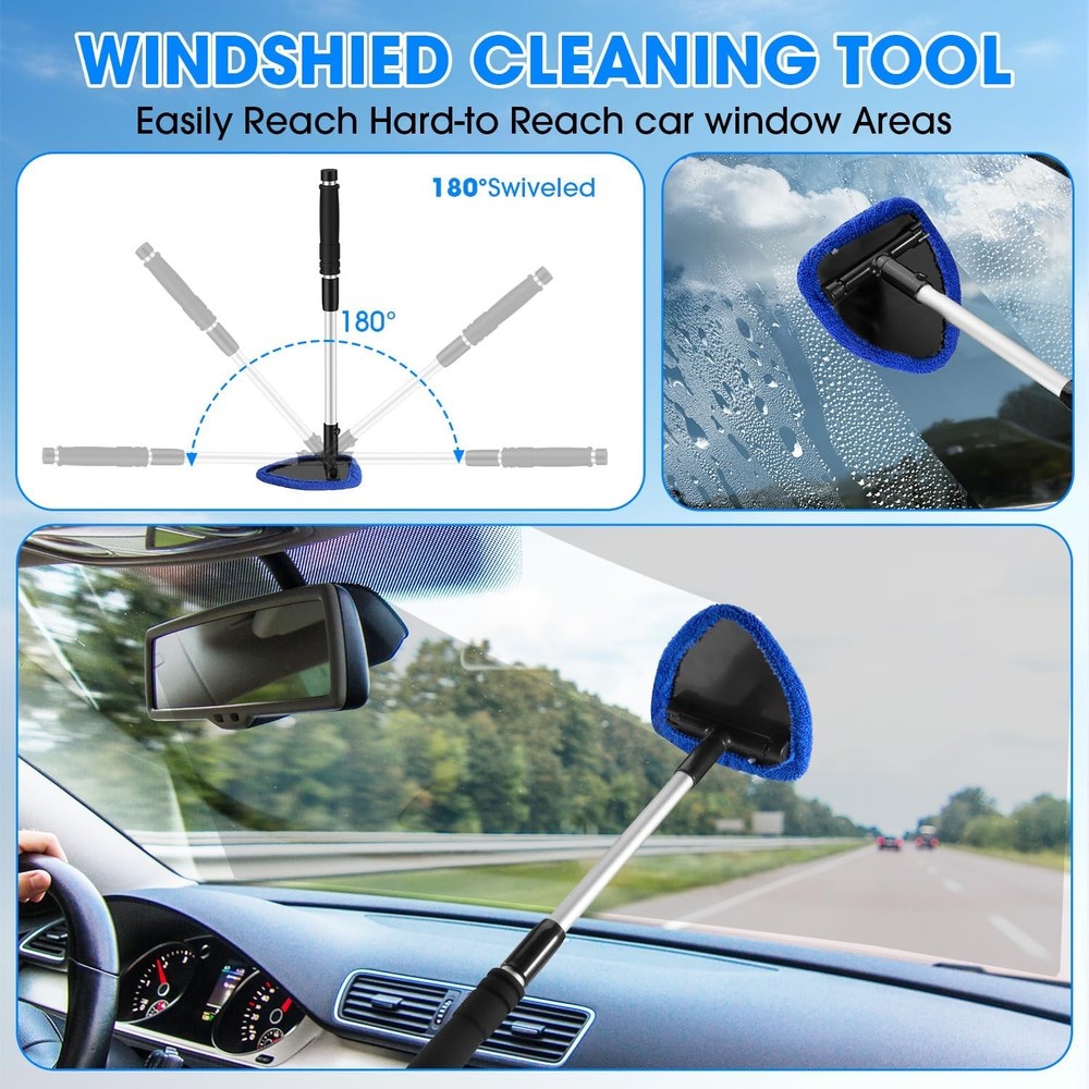 Windshield Cleaner Tool, Car Interior Cleaning Kit with Extendable Handle and 3
