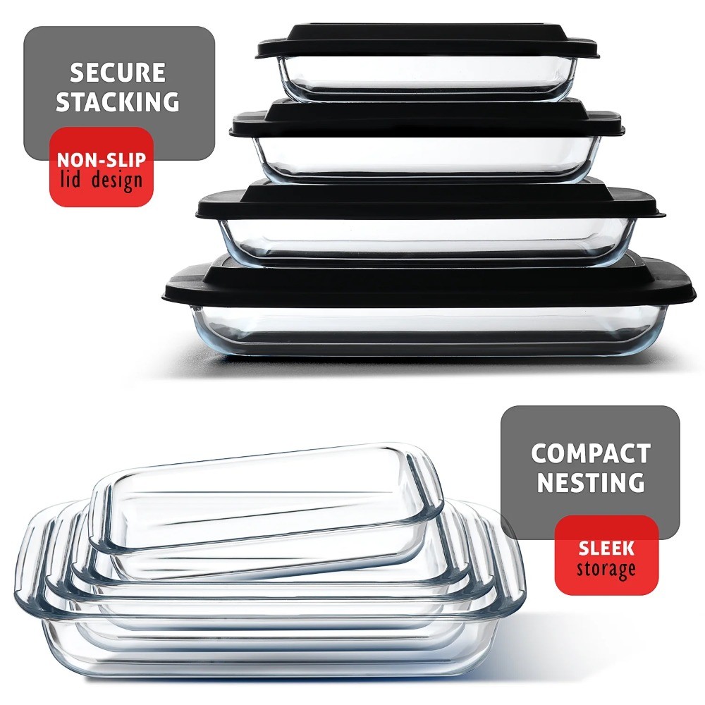 LammaLoe Glass Baking Dish Set, 8 Pc, Deep Casserole, Lids, Rectangular​