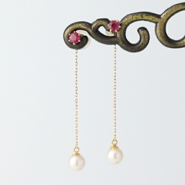 K10 Gold Akoya Pearl & Ruby Chain Drop Earrings (Pair)
