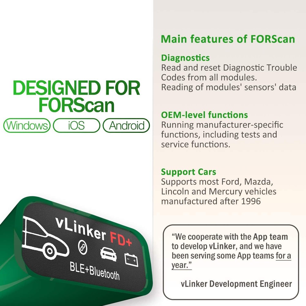 Vgate vLinker FD+ OBD2 Code Reader BT 4.0 Scanner FORScan for iOS Android/Window
