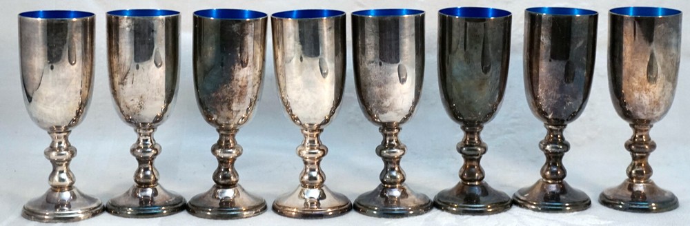 8 Silverplate Cordials with Blue Enamel Inside + Serving Tray W.&S. Blackington