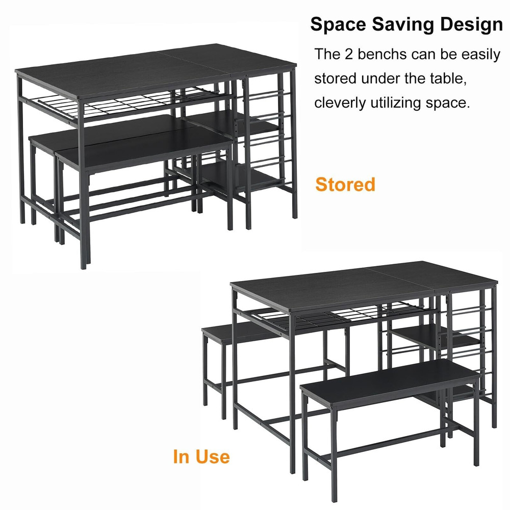 Kitchen Dining Table Set Storage Racks Wine Shelf Space Saving 2 Benches Seats 4