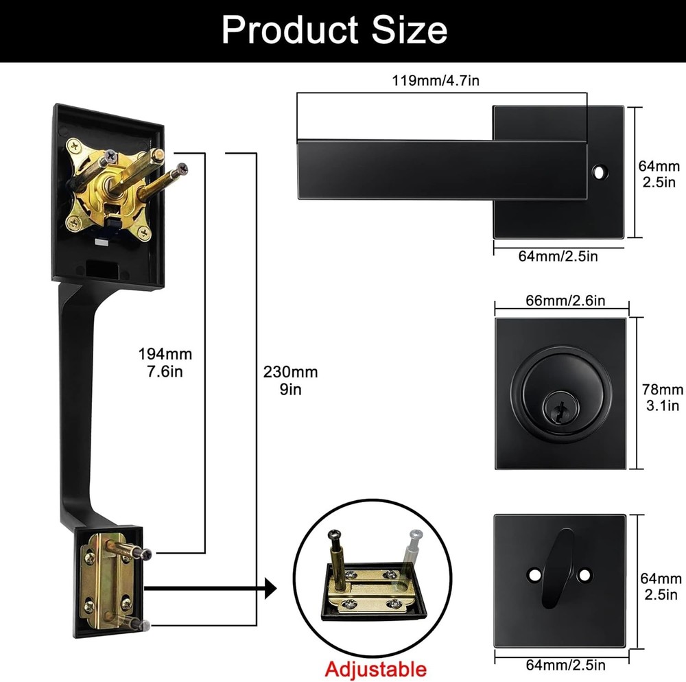 Matte Black Double Front Door Handle Lock Set with Keyed & Dummy Handle