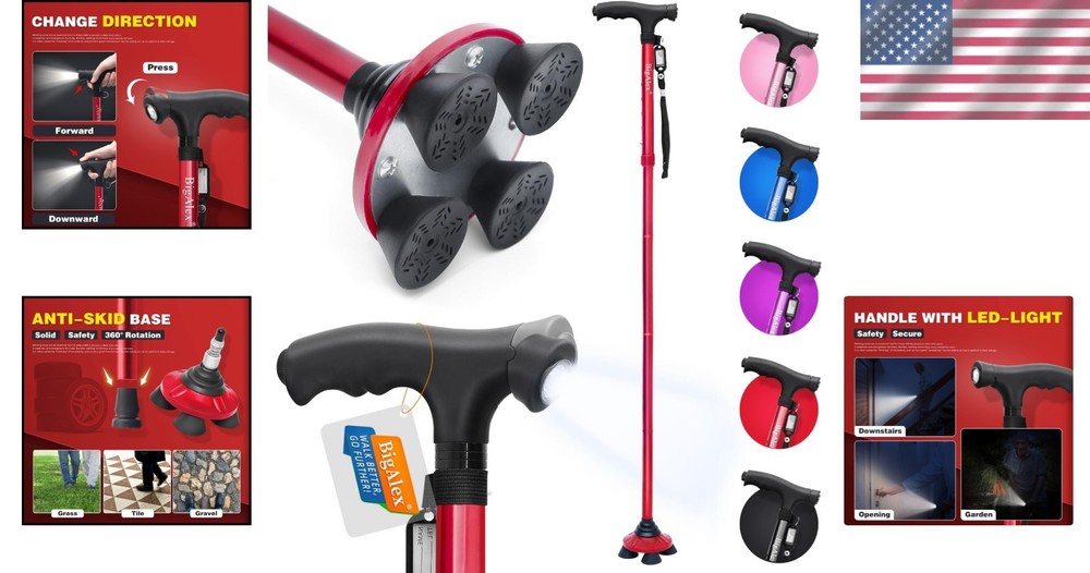 Lightweight Folding Walking Cane with LED Light and Rubber Grip Base - Unisex