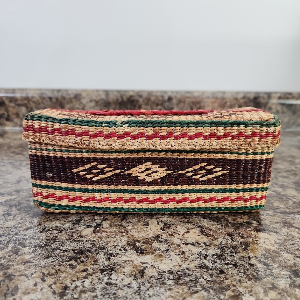 Vintage Sewing Storage Basket Woven Rectangle Lid