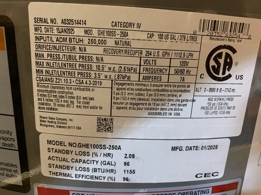 Rheem GHE100SS-250A Commercial Low NOx Gas Water Heater 100-Gal 120V 250,000BtuH