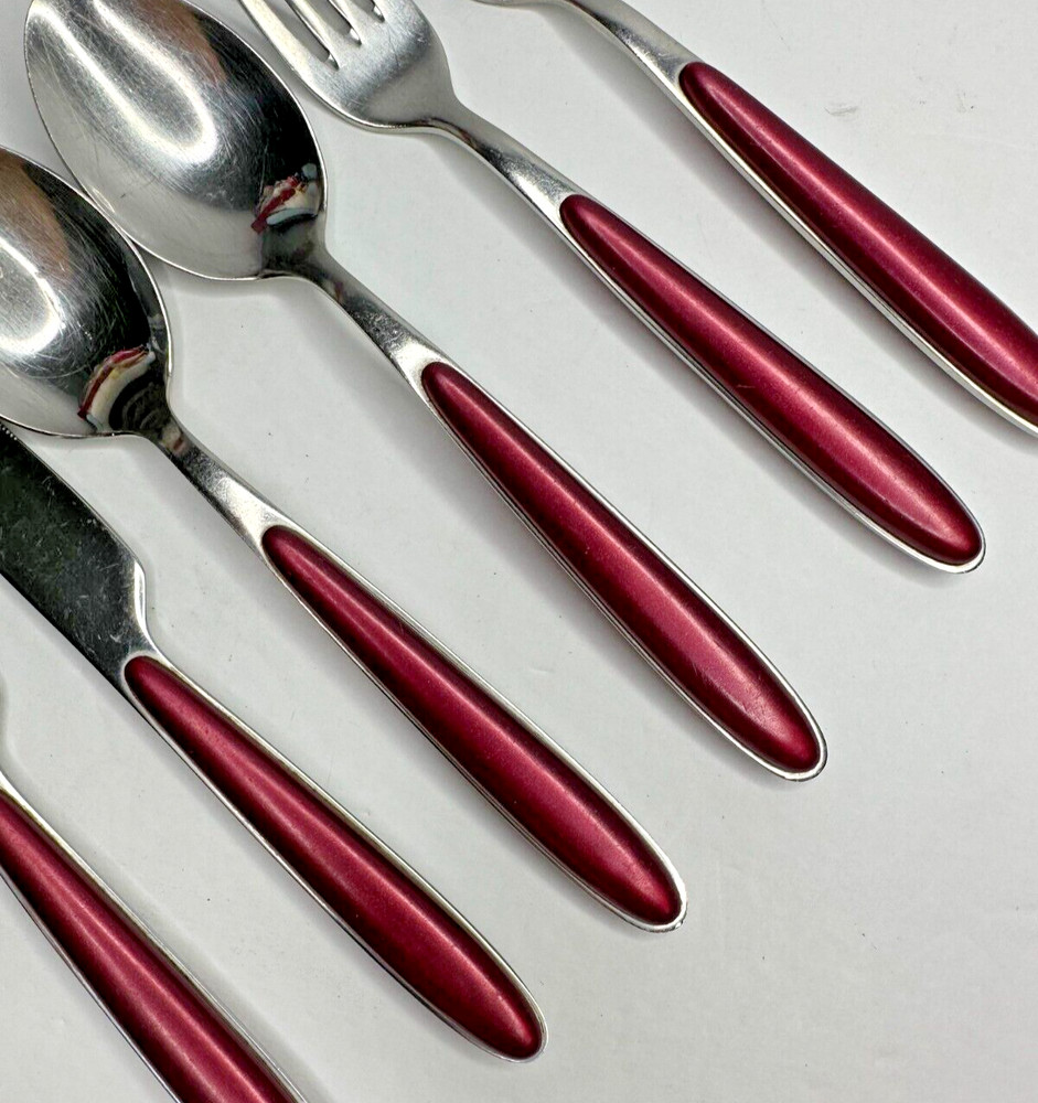 Red handle Stainless Flatware Replacement 6 Pc Pearlized Burgundy Resin