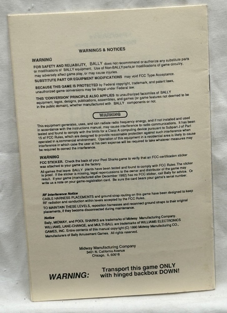 ORIGINAL-BALLY-POOL SHARKS-OPERATIONS MANUAL-OPERATOR'S HANDBOOK