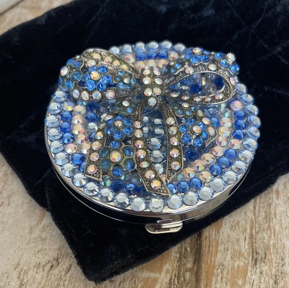 Embellished Luxury Compact Silver Tone Blue Pink Stones