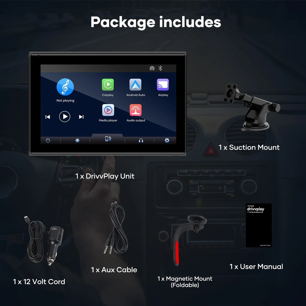Miroir Drivvplay, Wireless Car Play and Android Auto Display, 7" Touch Screen