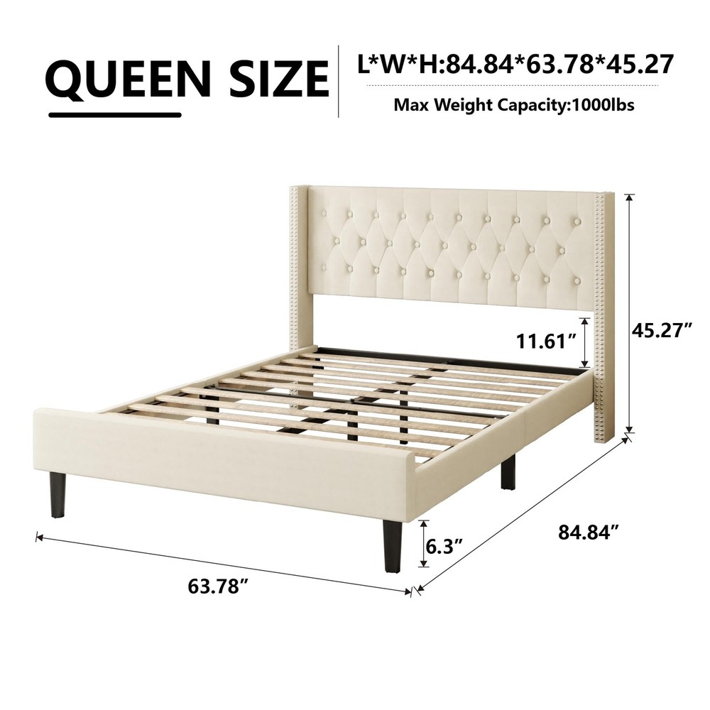 Queen Size Bed Frame, Upholstered Platform Bed with Wingback Headboard, Velve...
