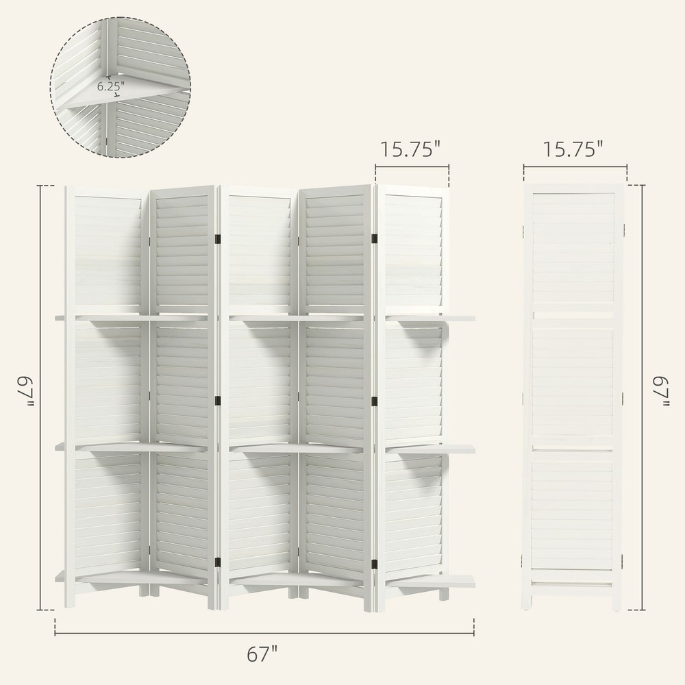 5 Panel Privacy Screen, Room Divider with 3 Shelves White