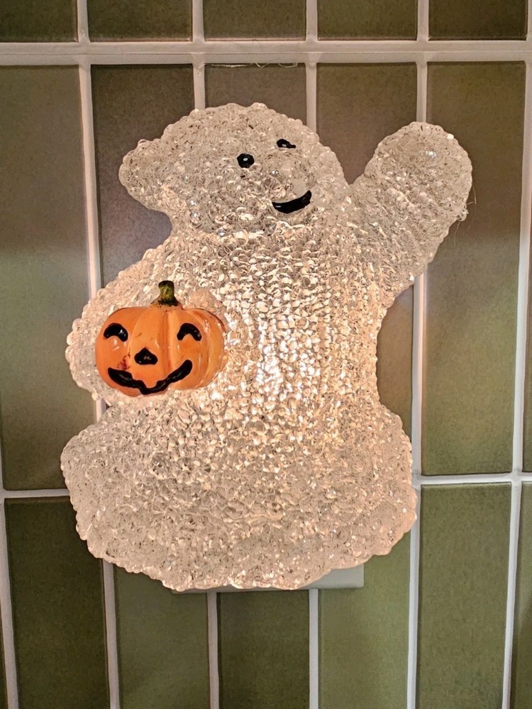 Halloween Pumpkin Night Light Ghost Jack-o-Lantern 5" w/Box Plastic Works