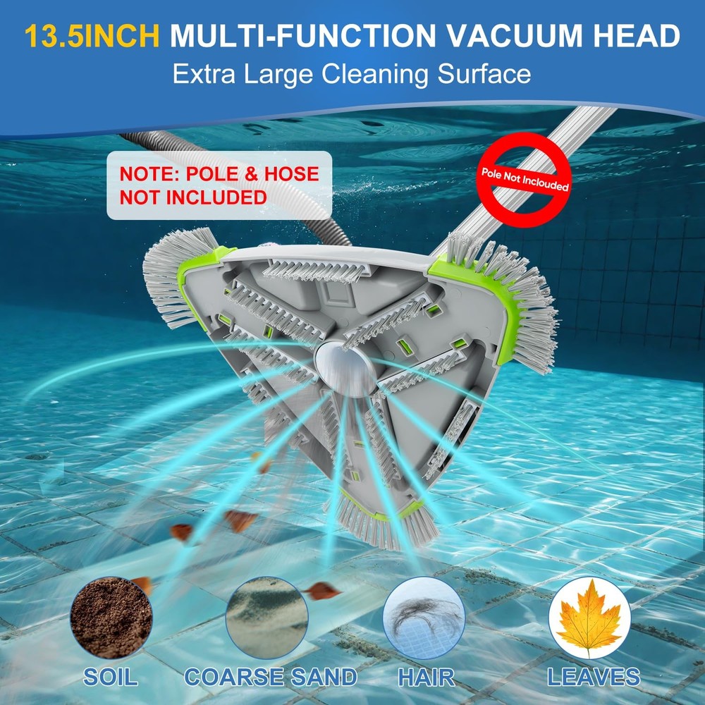 Weighted Triangular Pool Vacuum Head with Side Brushes, 13.5" Pool Cleaner Head