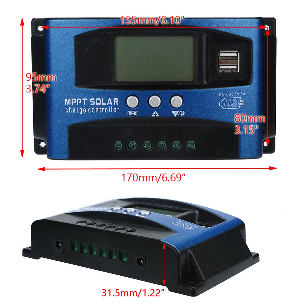 Charge Controller 12V/24V Dual USB Solar Panel Regulator 60A Auto Focus MPPT