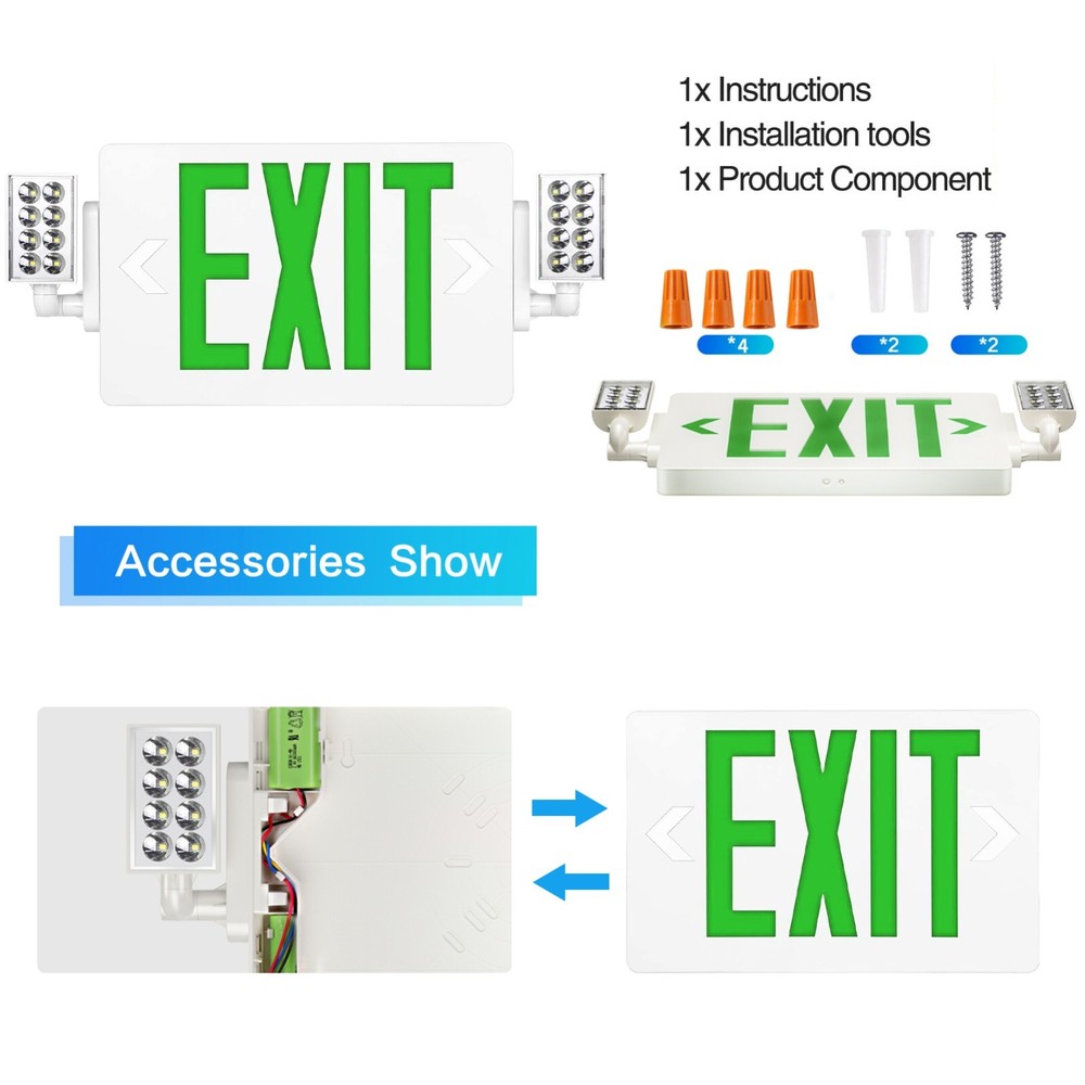 UL Listed Led 6 PACKs Led Green Exit Sign with Battery Backup Combo Exit Lights
