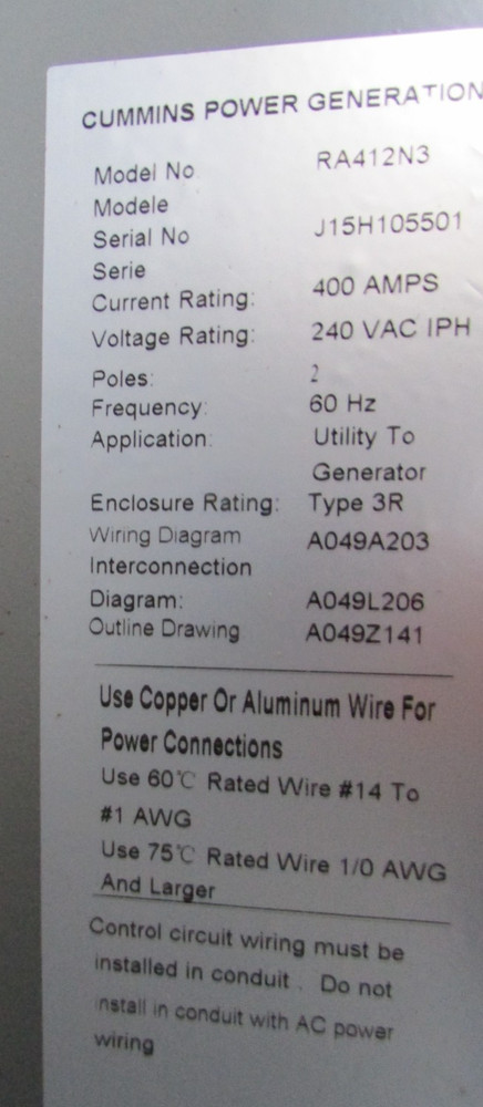 Cummins 400 Amp Automatic Transfer Switch - RA412N3