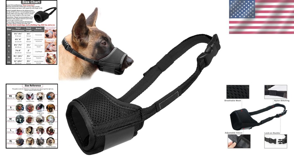 Humane Dog Muzzle for Large Breeds - Breathable Mesh, Adjustable Strap, Black, L