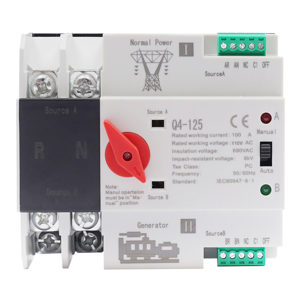 Dual Power Automatic Transfer Switch 2P 100A 110V Grid to AC Generator PC Level
