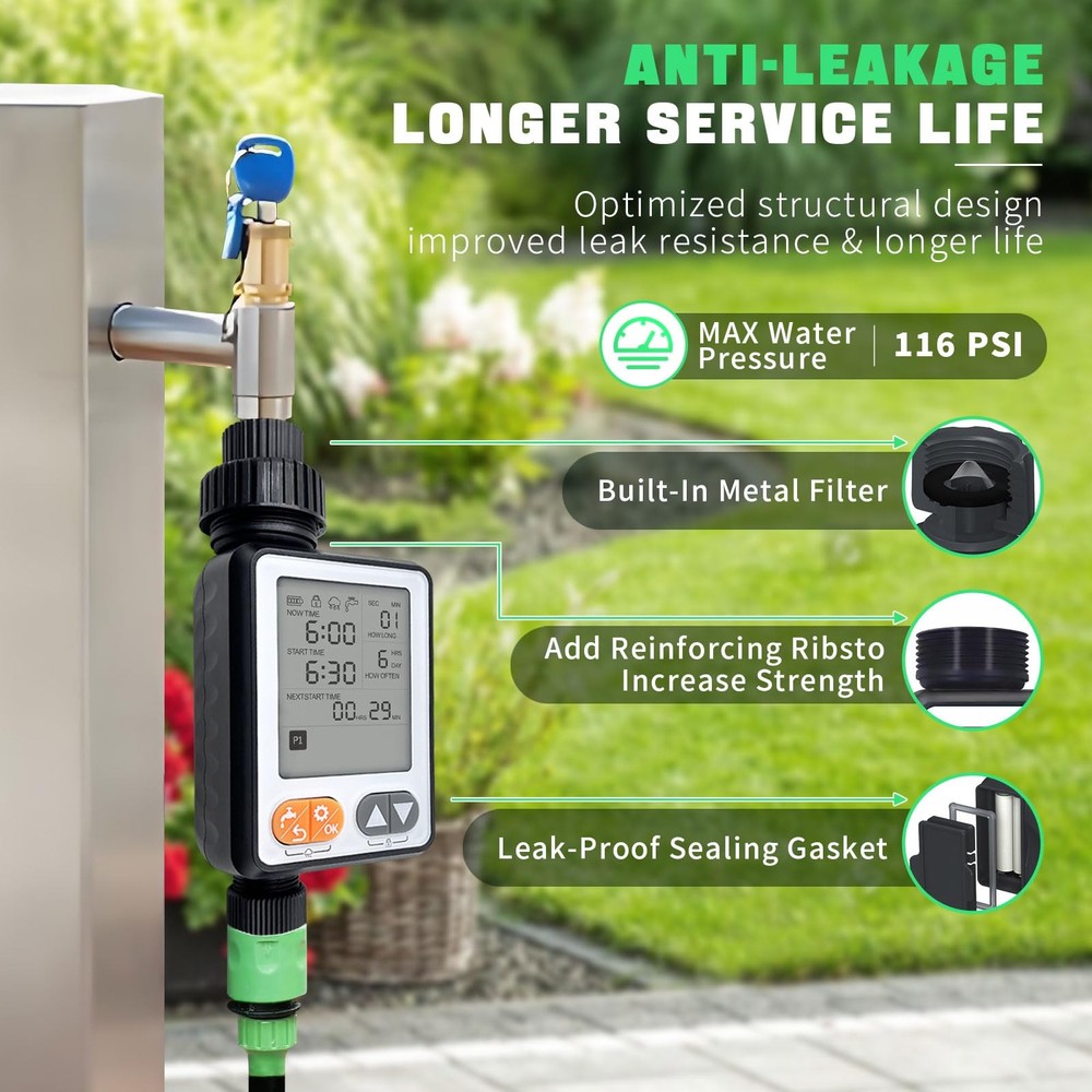 10Program Hose Sprinkler Timer, IP54 Waterproof, Auto Rain Delay, 3.3in LCD