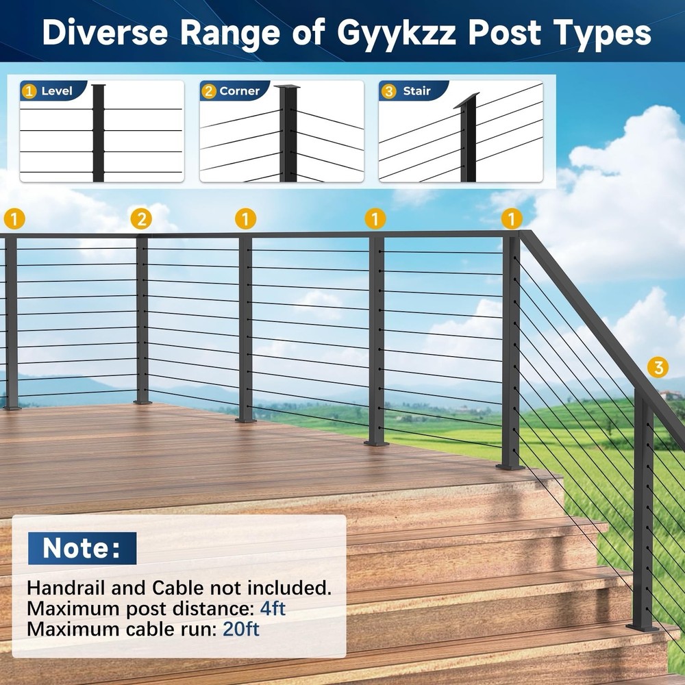 36" Cable Railing Post, Fixed Top Level Drilled Line Post w/Cable Grommets,