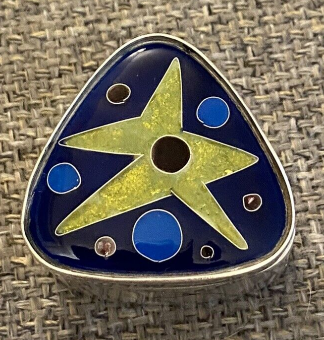 Hilda Kraus Mid Century Modern Sterling Silver & Enamel Triangular Box Signed