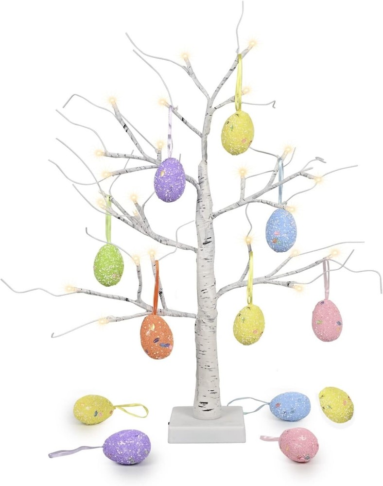 Easter Decorations 24 Inch Pre-Lit White Birch Tree with 10 Hanging Easter Egg