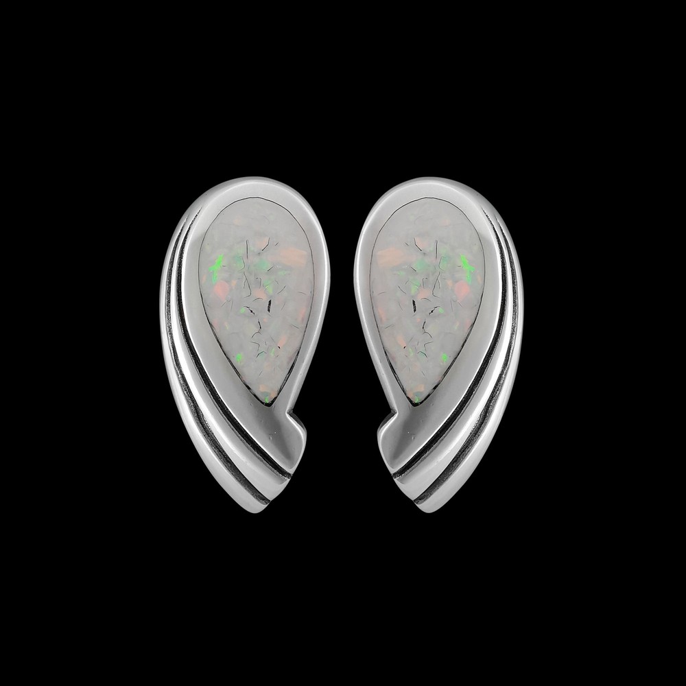 925 Sterling Silver Stud Earrings • Teardrop Shape • White Opal Gems