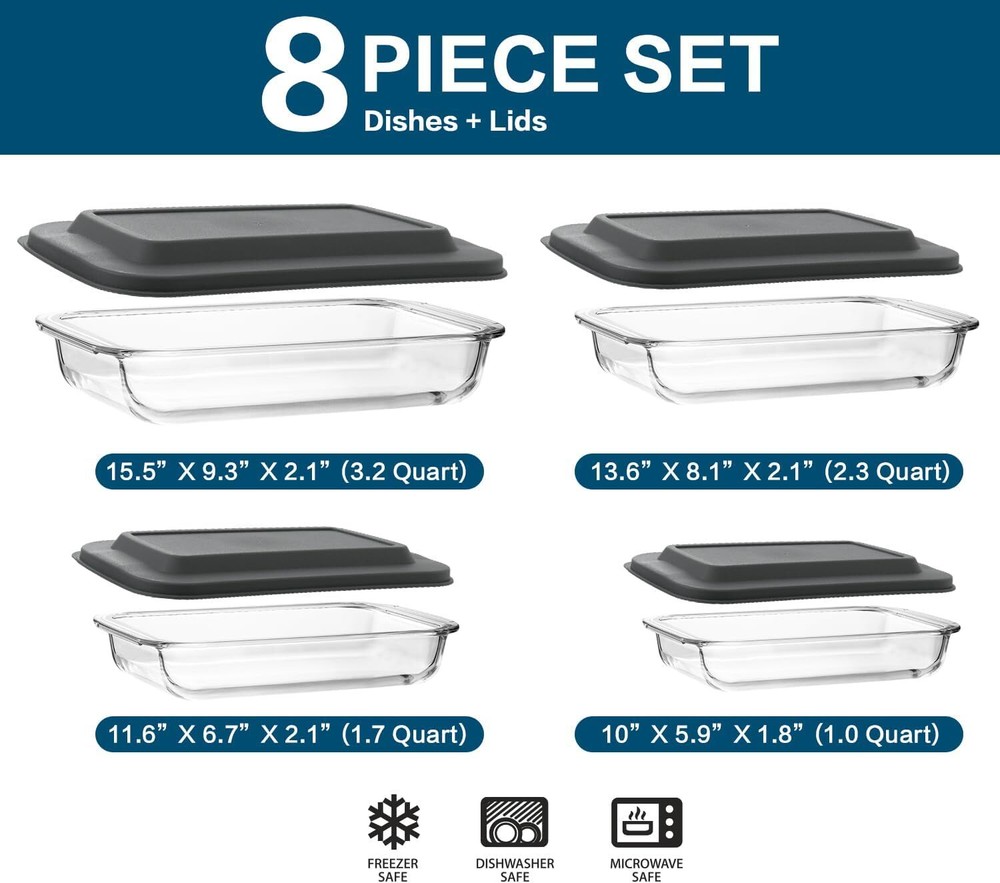 8-Piece DeepGlass Baking PanSet with Plastic Lid,Rectangular Baking Pan Set,Gray