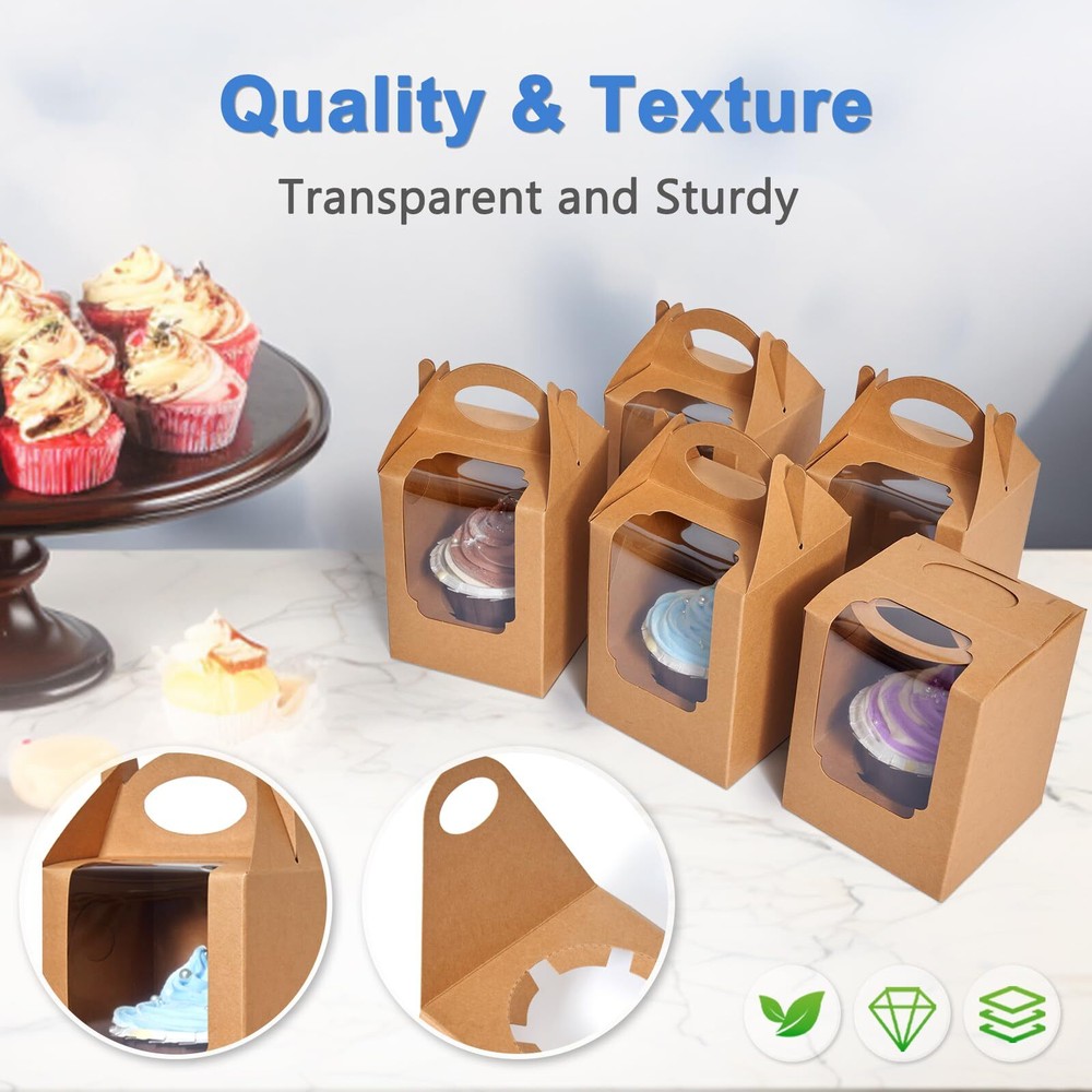 Cupcake Boxes 50pcs Individual Cupcake Containers Brown With Window Insert And H