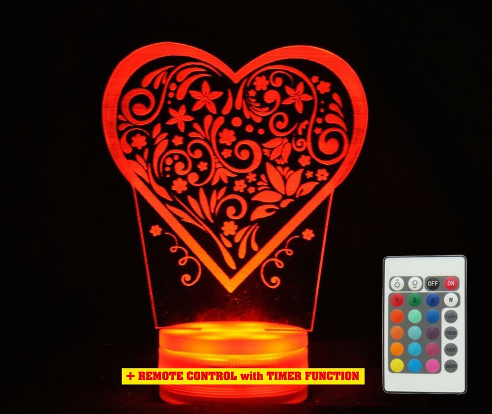 Love Heart Shape 3D LED Night Light Colour Change bedroom Childrens Lamp