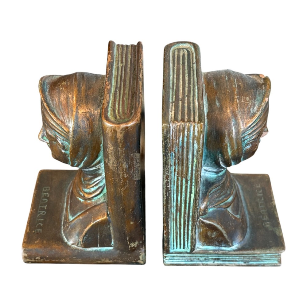 Antique Classical Bronze Clad Bookends - Figural Woman Bust