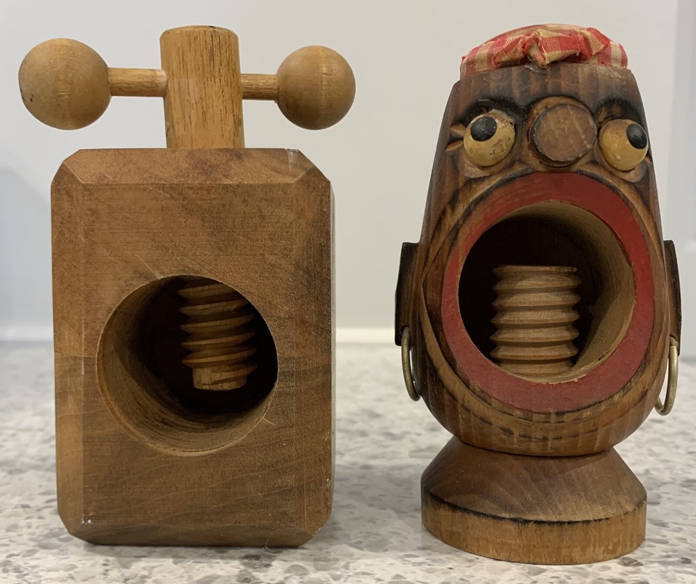 Old Wood Hand Held Nut Crackers 2 Pc Lot