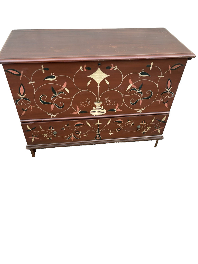 67230 Rustic Primitive Hamd Painted Blanket Storage Chest with Drawer