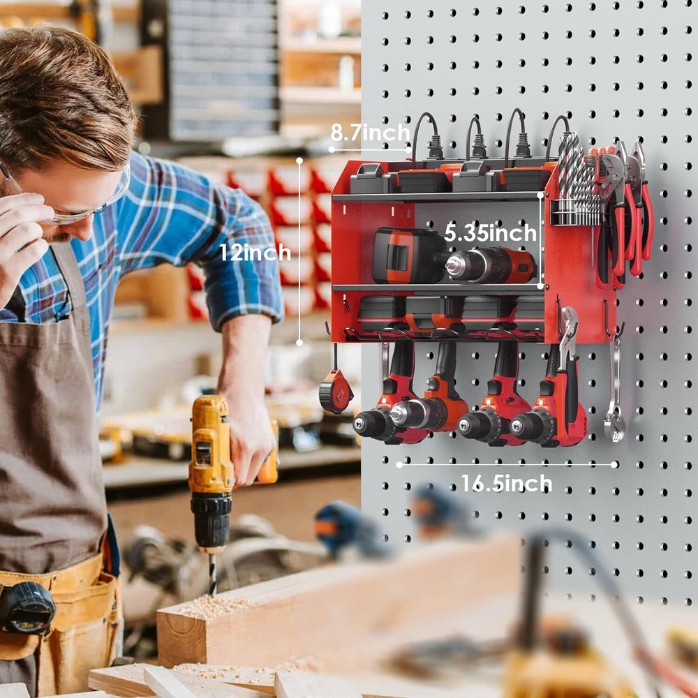 Modular Power Tool Organizer Wall Mount Garage 4 Drill Storage Shelf with Hooks