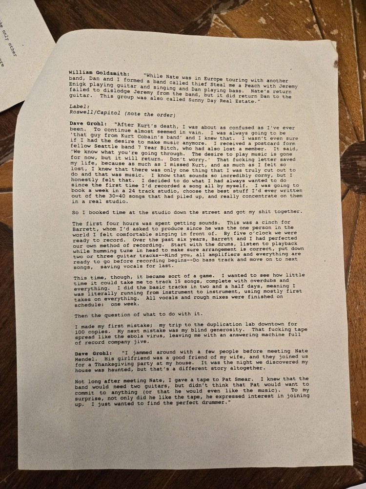 RARE Foo Fighters 1995 Original first Press Kit Biography Dave Grohl Nirvana oop