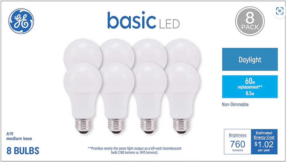 GE 60 -Watt EQ A19 Daylight Medium screw base LED General purpose Light Bulb 8PK