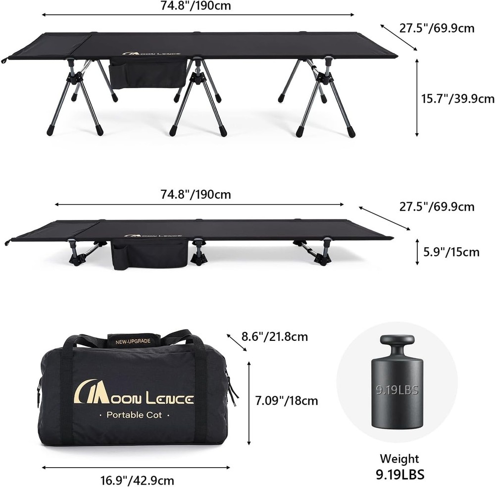 Camping Cot Folding Bed Height Adjustable Supports 330 lbs Portable