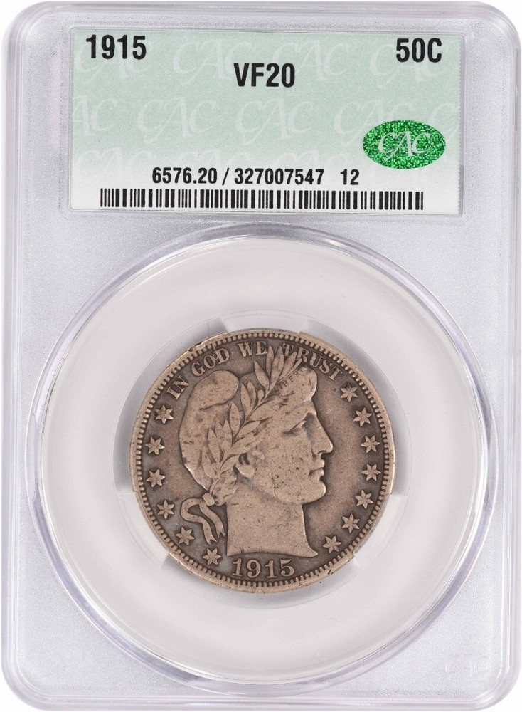 1915 Barber Silver Half Dollar VF20 CACG