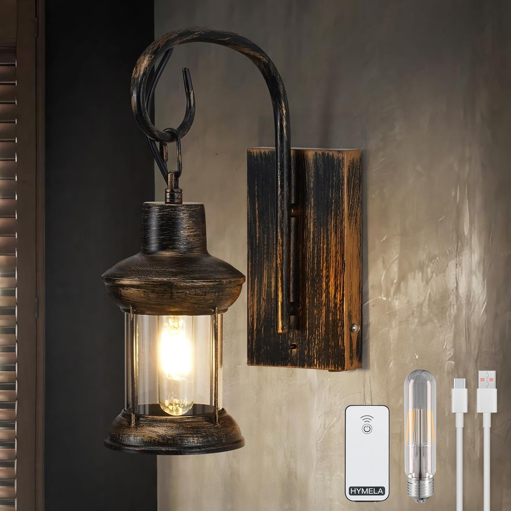 Rechargeable Battery Wall Sconce with Remote - Rustic Vintage Lantern Light