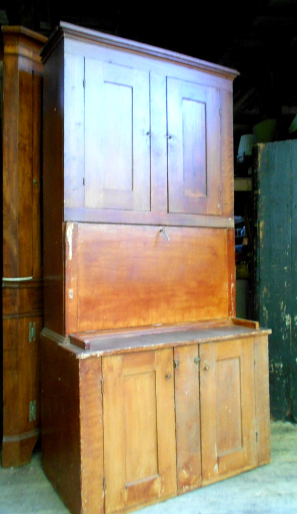 ANTIQUE PAINTED COUNTRY PINE STEPBACK DROP FRONT DESK AND BOOKCASE