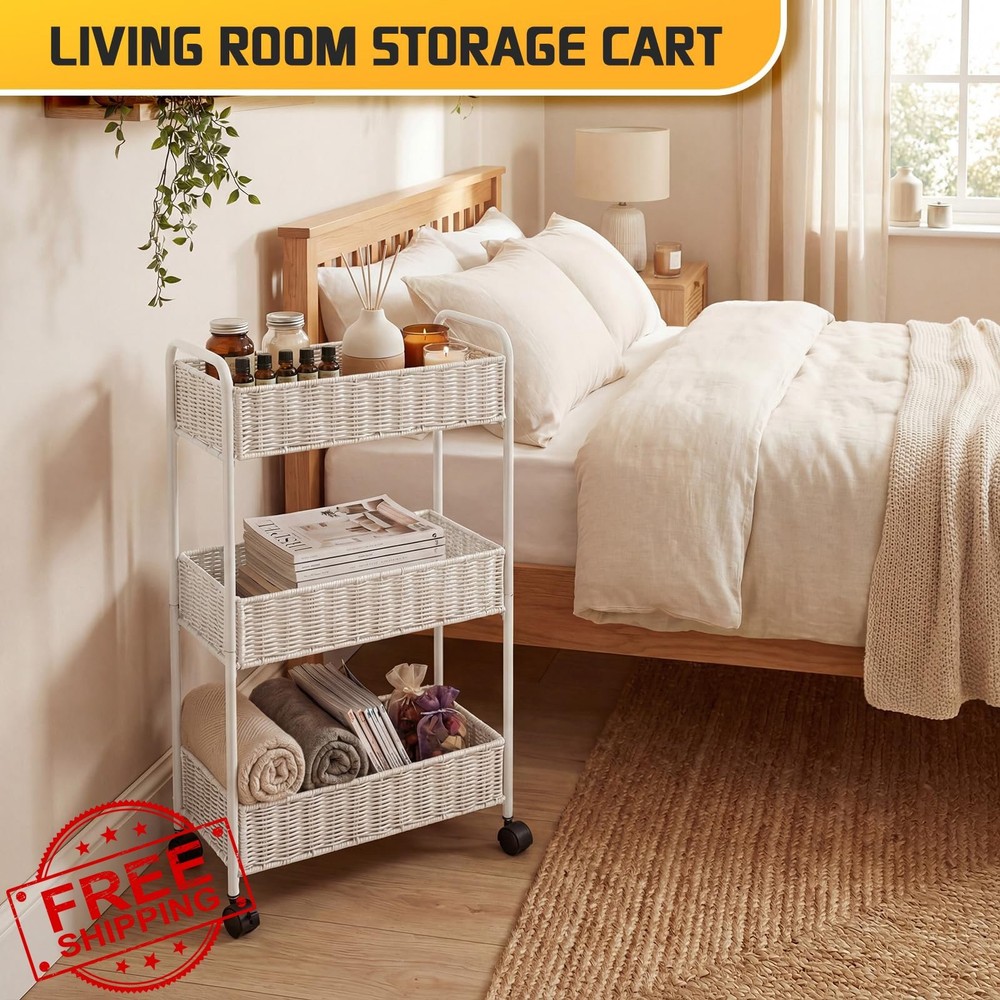 FOCHIER 3-Tier Rolling Cart, Slim Kitchen Office Laundry Room Organizer White