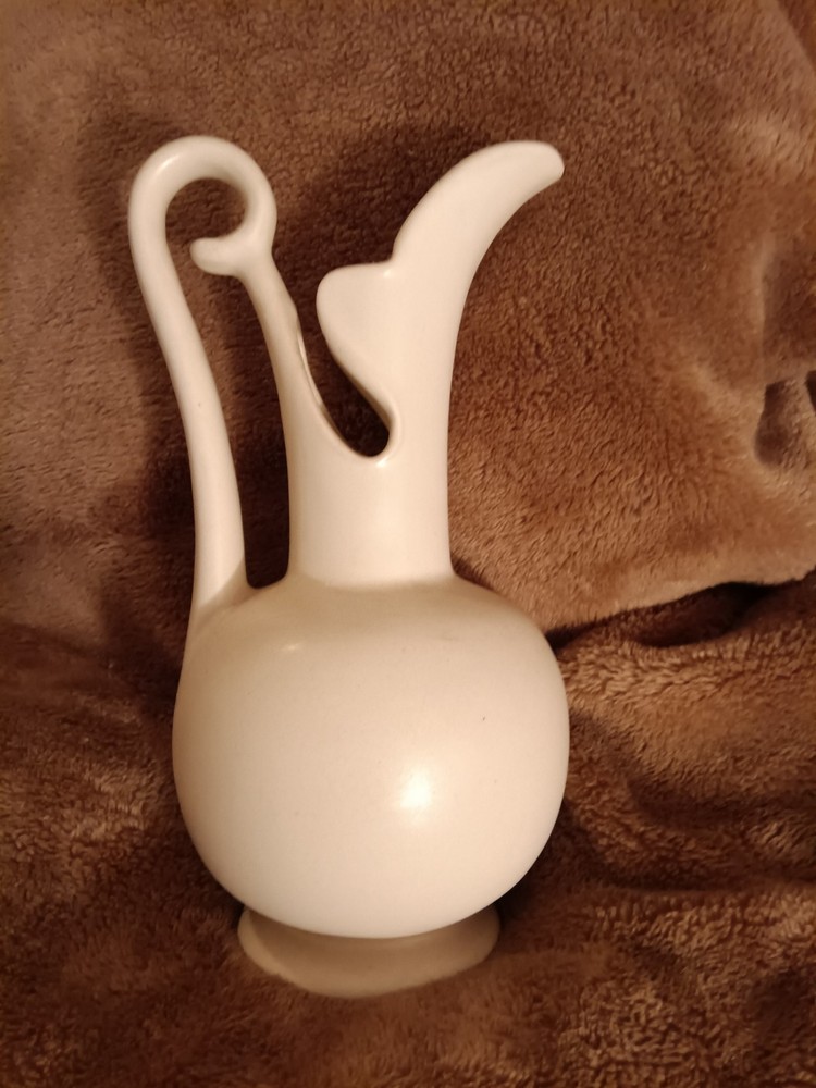 Nilok Ceramic Pitcher White Matte Pottery Round Solid Handle Impressed Backstamp
