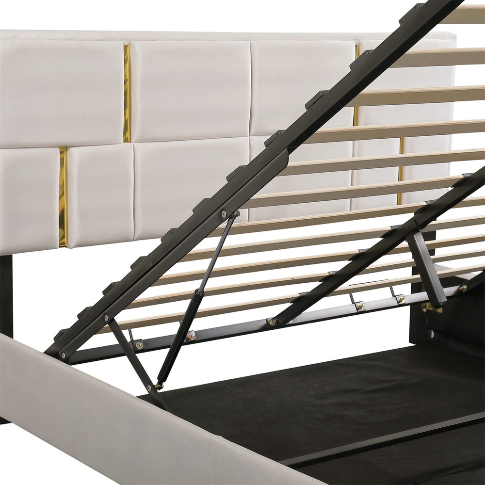 Queen Size Upholstered Platform Bed Frame with Hydraulic Storage System