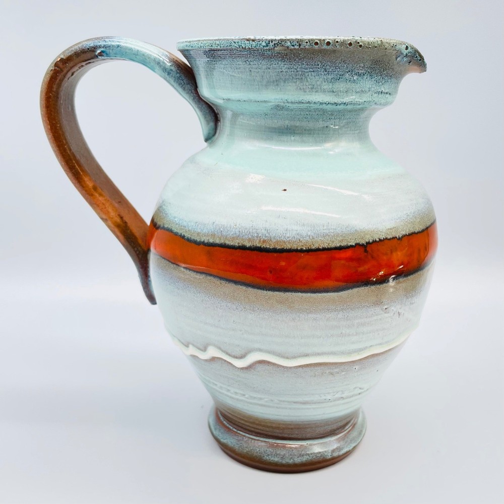 Handmade Ceramic Pitcher Blue Green Orange Striped Decorative Jug